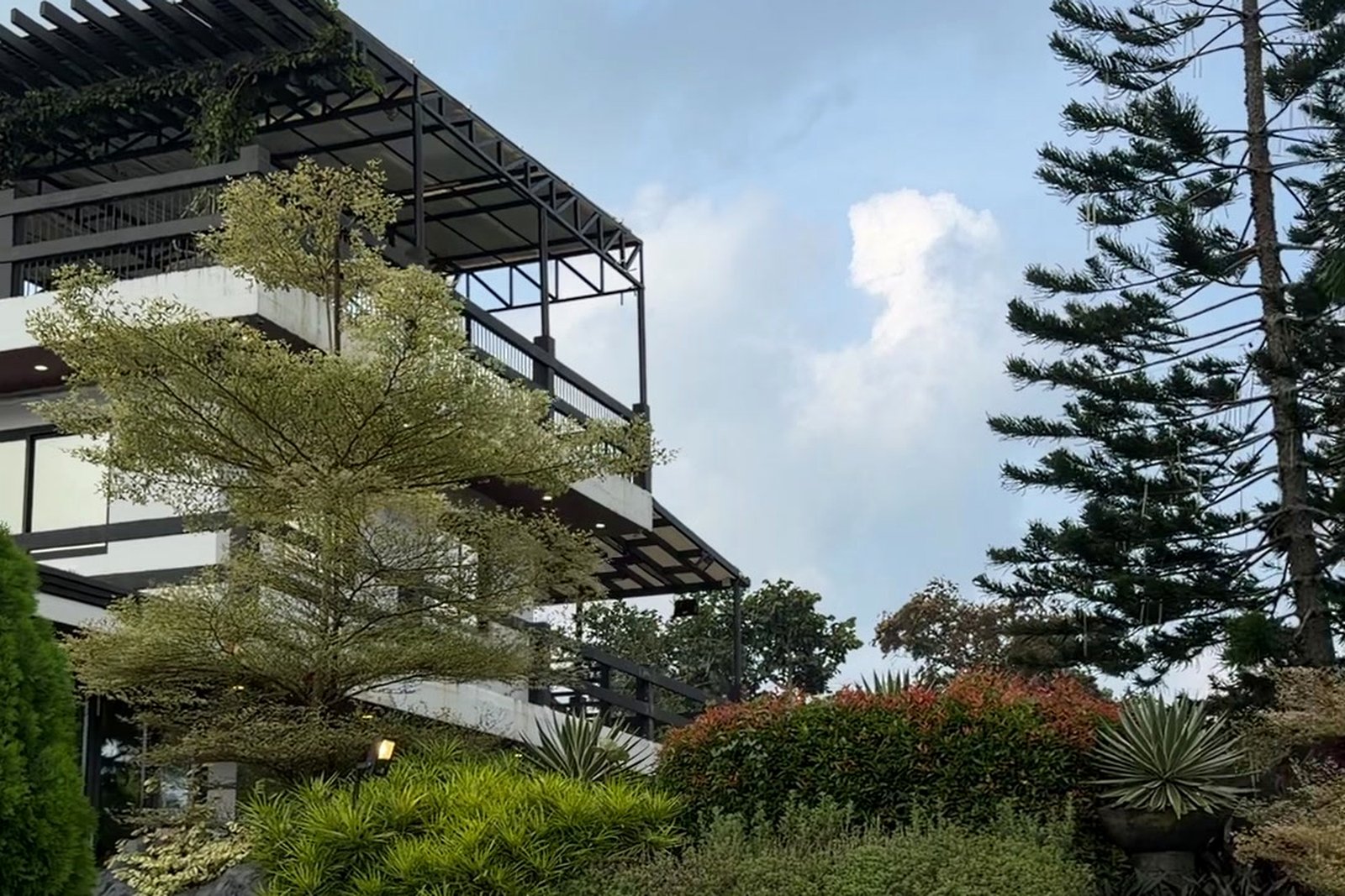 Modern glass-and-stone main villa surrounded by trees at Monte Frazio Resort