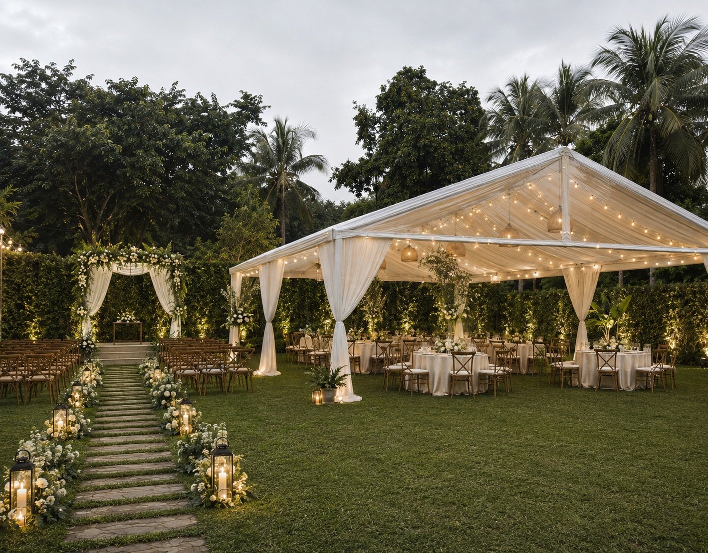 Real wedding ceremony and reception styled on the open lawn, with a floral arch, aisle seating and a string-lit reception tent